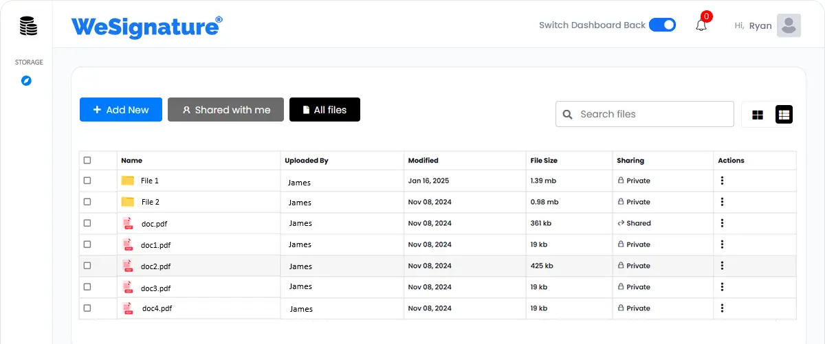 WeFile dashboard for storing files