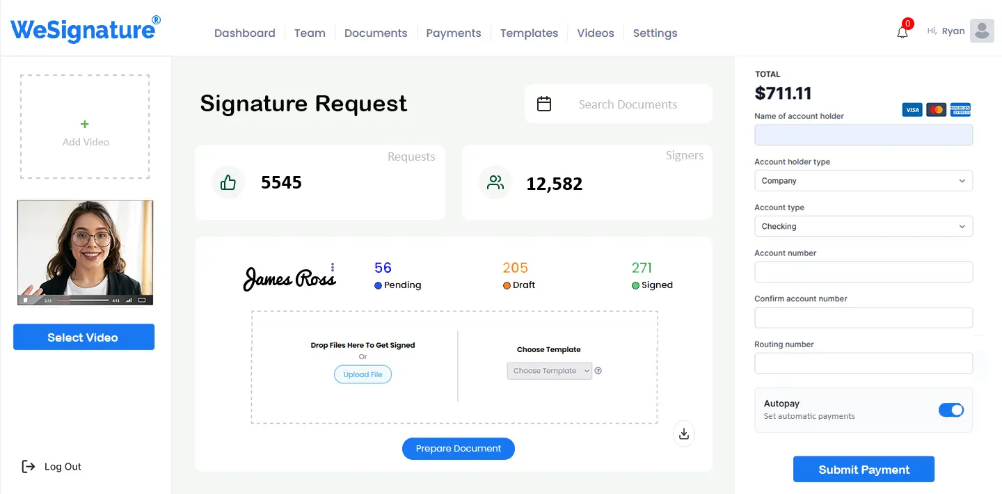 WeSignature platform interface showing e-signature and payment options.