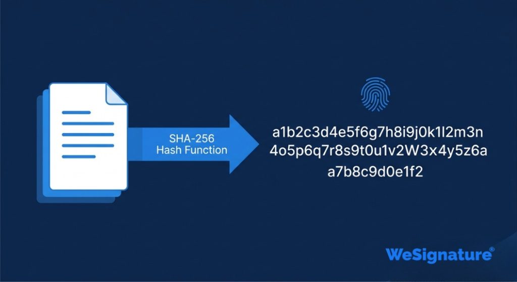 digital fingerprint for tamper-proof electronic signatures Diagram showing how document hashing creates a unique digital fingerprint for tamper-proof electronic signatures