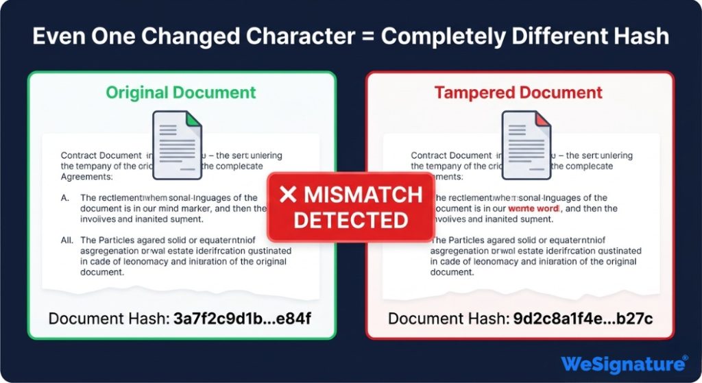 changing one word in a document produces a completely different Visual showing how changing one word in a document produces a completely different SHA-256 hash, instantly detecting tampering