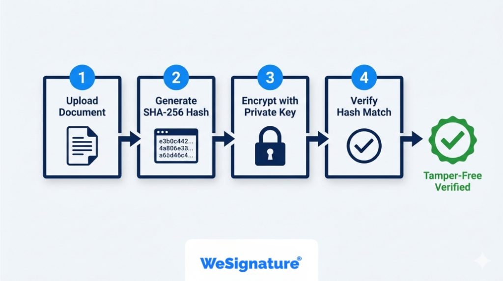 how document hashing works in digital signatures Step-by-step flowchart showing how document hashing works in digital signatures — from upload to verification